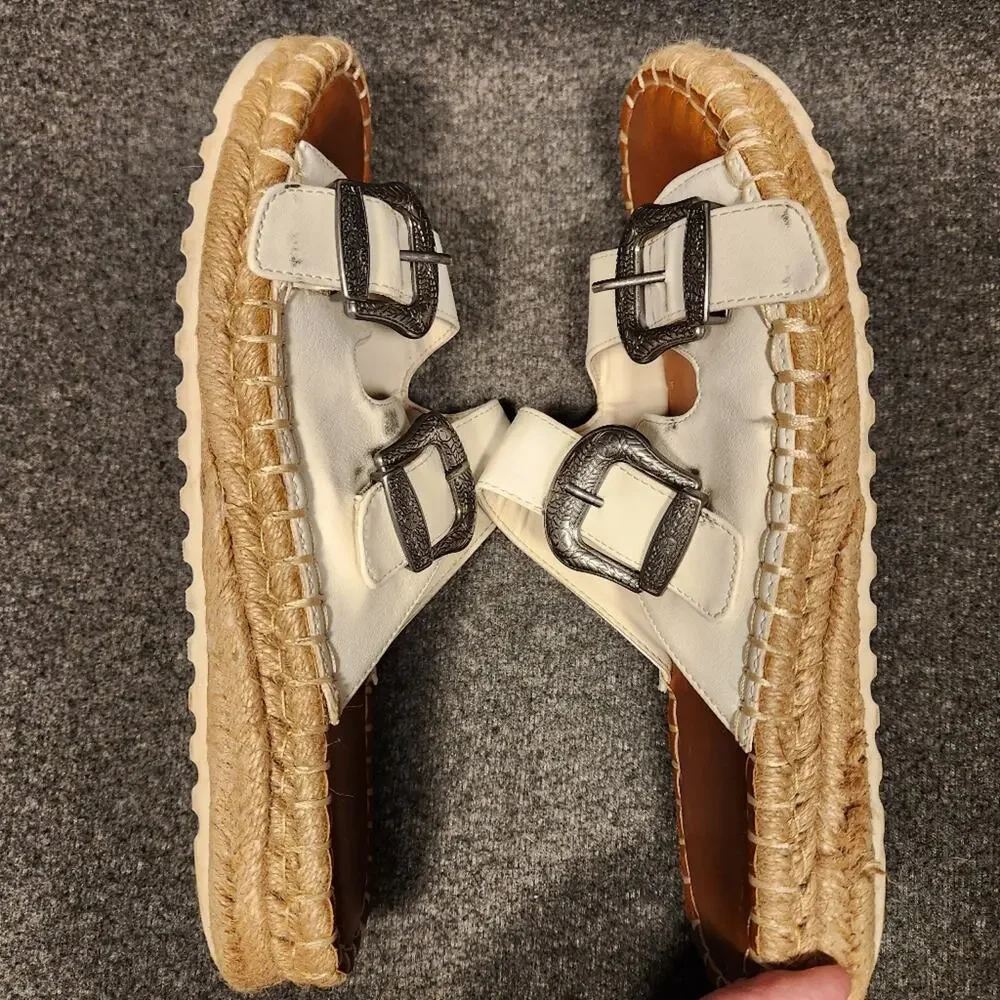 TRUE CRAFT‎ Shaker White Double Strap Buckle Espadrille Slide Sandal Womens 7.5